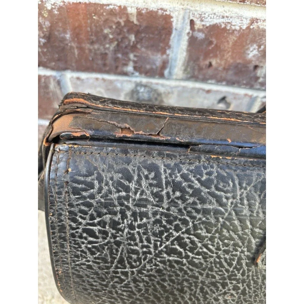 Antique Doctor Bag Physicians Black Pebble Grain Leather Art Deco Brass MCM Vtg
